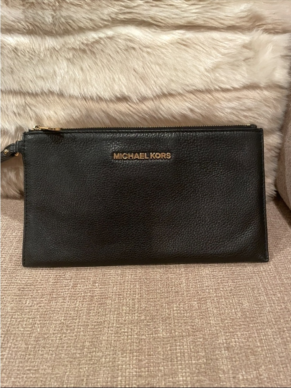 Michael Kors Black Leather Zip Clutch with Gold Logo